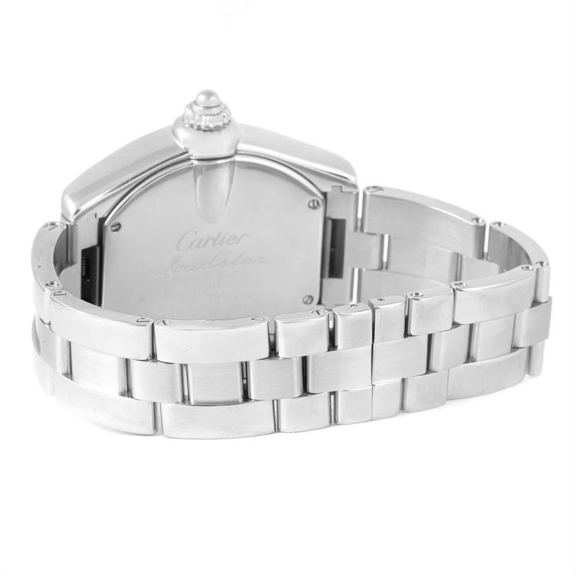 This image shows the back and bracelet of the Cartier Roadster W62032X6 Men's Stainless Steel Silver Dial W62032X6 Men's Stainless Steel Silver Dial watch at an angled view.