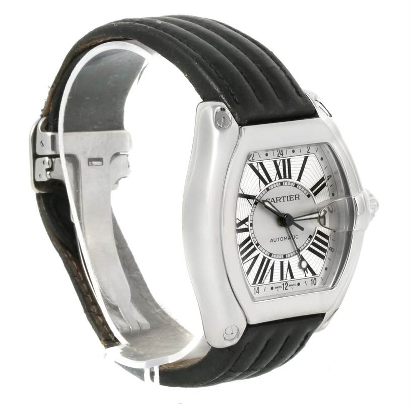 The Cartier Roadster W62032X6 Men's Stainless Steel Silver Dial W62032X6 Men's Stainless Steel Silver Dial watch is shown at an angle displaying the face, case, and part of the black strap.