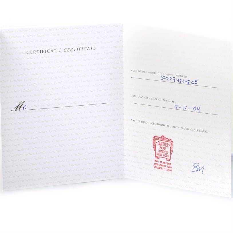 This image shows the certificate booklet for the Cartier Roadster W62032X6 Men's Stainless Steel Silver Dial W62032X6 Men's Stainless Steel Silver Dial model watch, including individual number, purchase date, and dealer stamp.