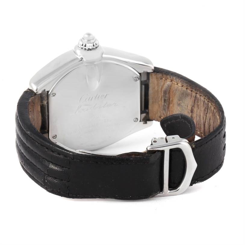 The image shows the back view of the Cartier Roadster W62032X6 Men's Stainless Steel Silver Dial W62032X6 Men's Stainless Steel Silver Dial watch, focusing on the caseback and leather strap with buckle.