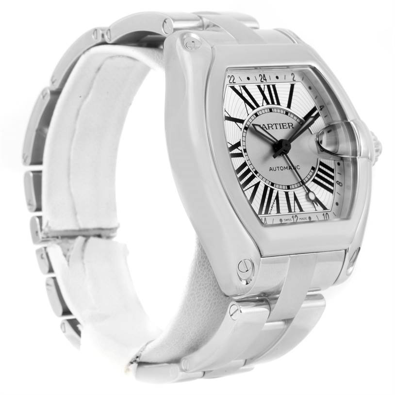 The photo shows a side-angle view of the Cartier Roadster W62032X6 Men's Stainless Steel Silver Dial W62032X6 Men's Stainless Steel Silver Dial watch, highlighting its face, case, and part of the bracelet.