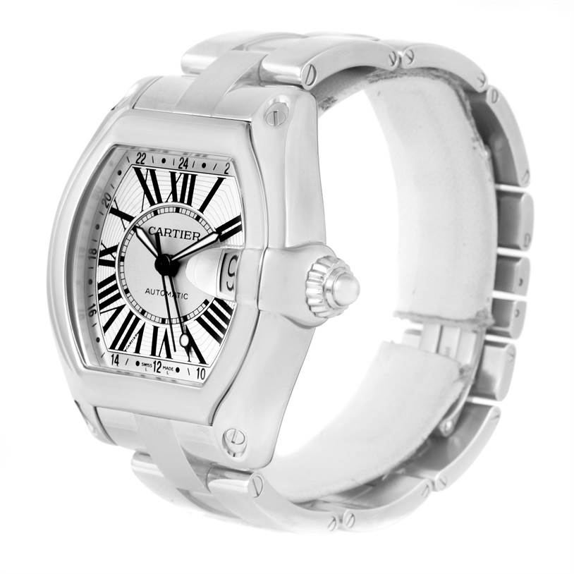 The image shows a side and front view of the Cartier Roadster W62032X6 Men's Stainless Steel Silver Dial W62032X6 Men's Stainless Steel Silver Dial watch, highlighting the dial, crown, and bracelet.