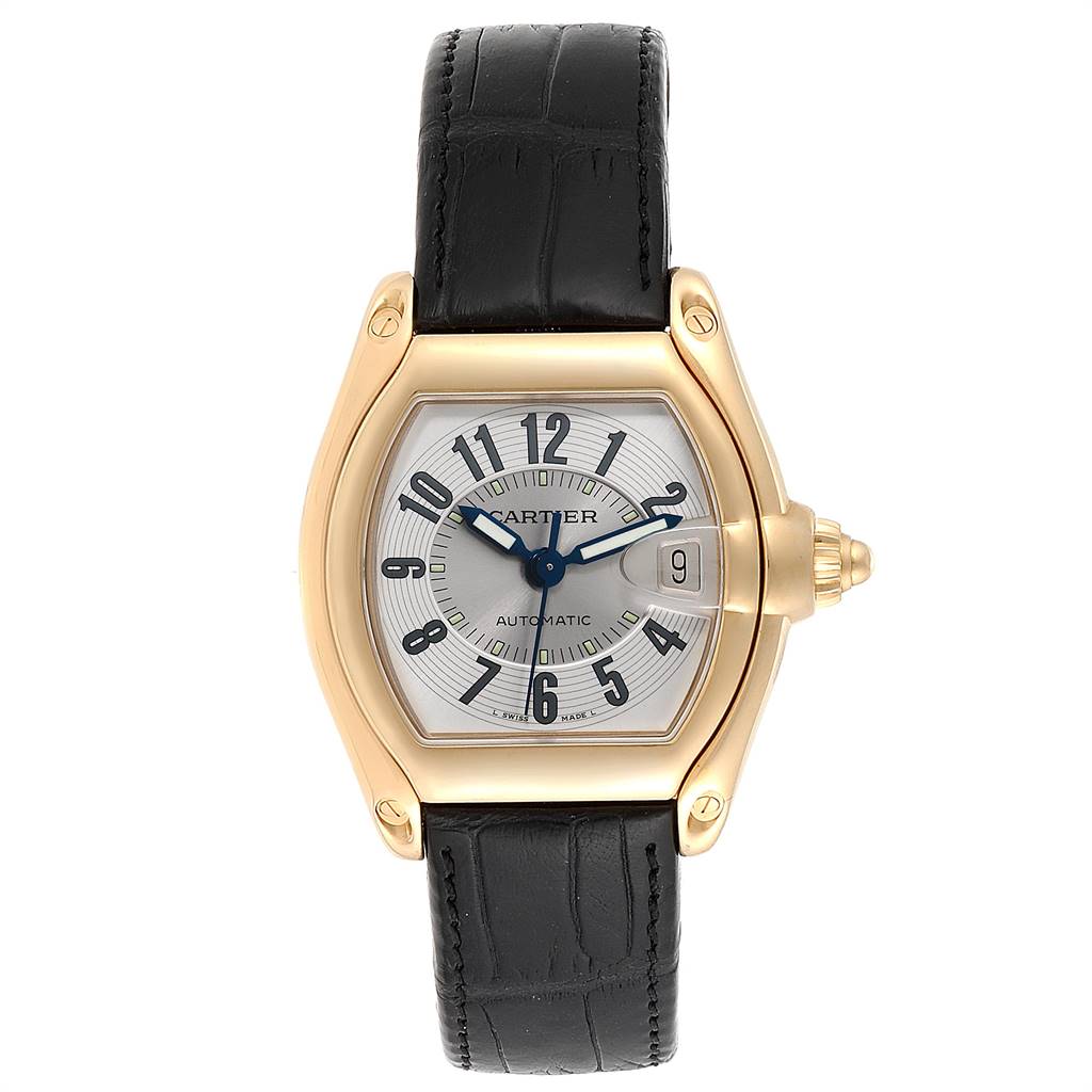 This image shows a frontal view of a Cartier Roadster W62005V2 Men's Yellow Gold Silver Dial W62005V2 Men's Yellow Gold Silver Dial model watch, including its dial, case, and leather strap.