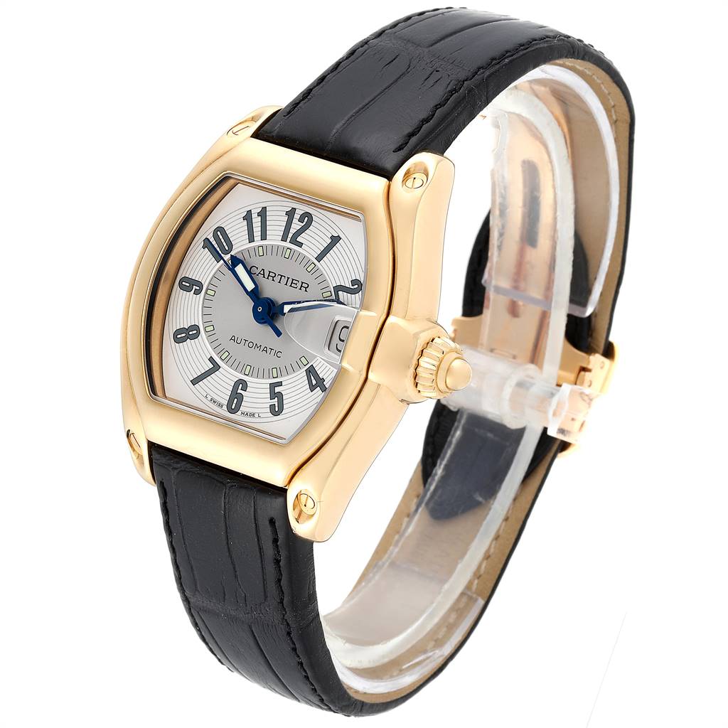 The image shows a Cartier Roadster W62005V2 Men's Yellow Gold Silver Dial W62005V2 Men's Yellow Gold Silver Dial watch at a three-quarter angle, highlighting the dial and strap.