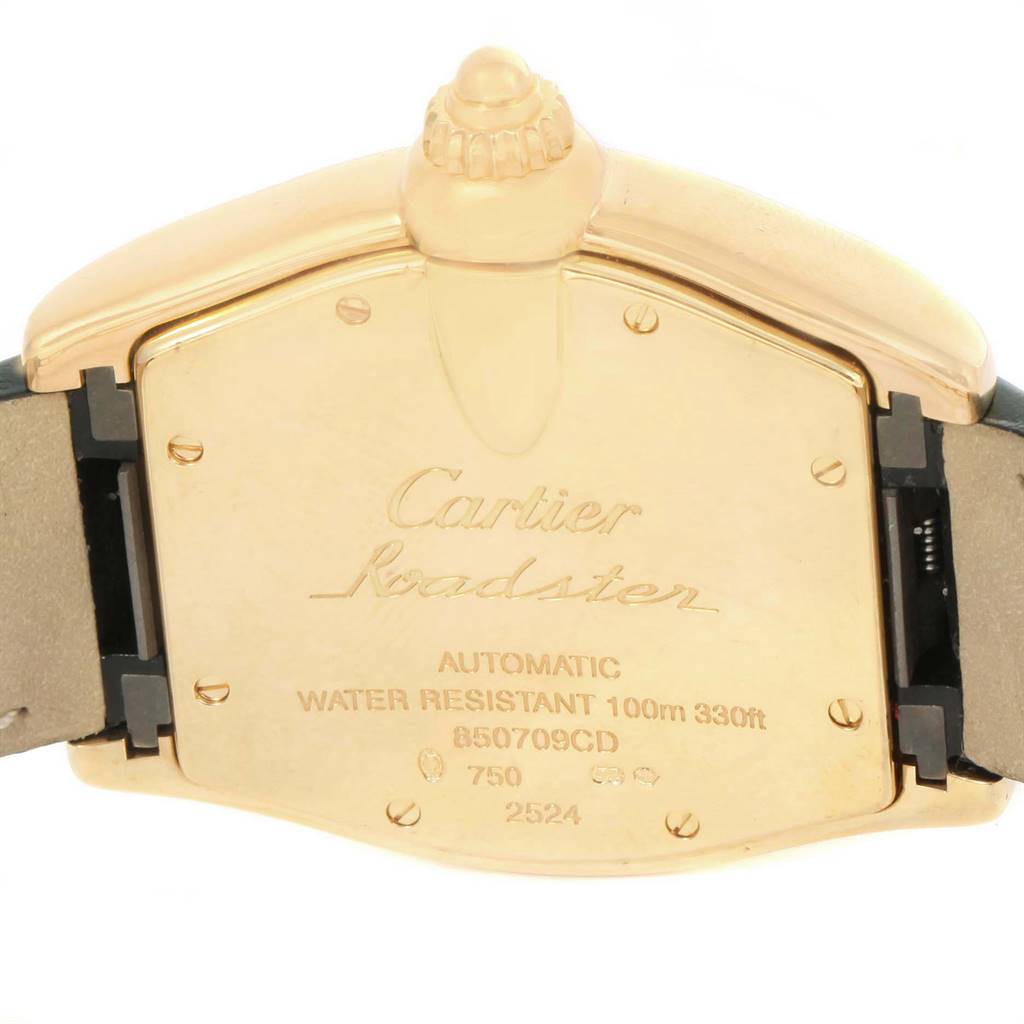This image shows the back case of a Cartier Roadster W62005V2 Men's Yellow Gold Silver Dial W62005V2 Men's Yellow Gold Silver Dial watch, highlighting its engraving and water resistance information.