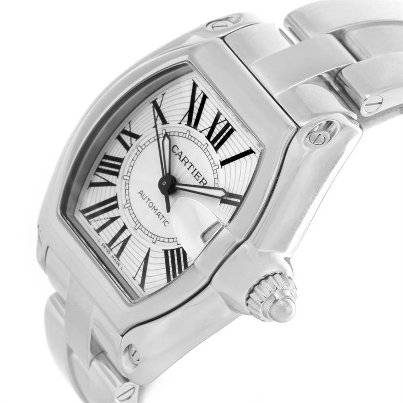 The image shows a Cartier Roadster W62025V3 Men's Stainless Steel Silver Dial W62025V3 Men's Stainless Steel Silver Dial watch at a three-quarter angle, highlighting the dial, case, and part of the bracelet.