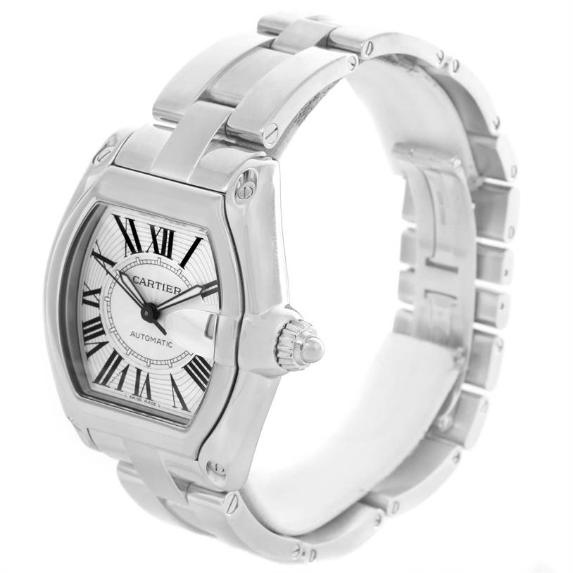 The image shows a Cartier Roadster W62025V3 Men's Stainless Steel Silver Dial W62025V3 Men's Stainless Steel Silver Dial watch in a three-quarter view, highlighting its face, bezel, and bracelet.