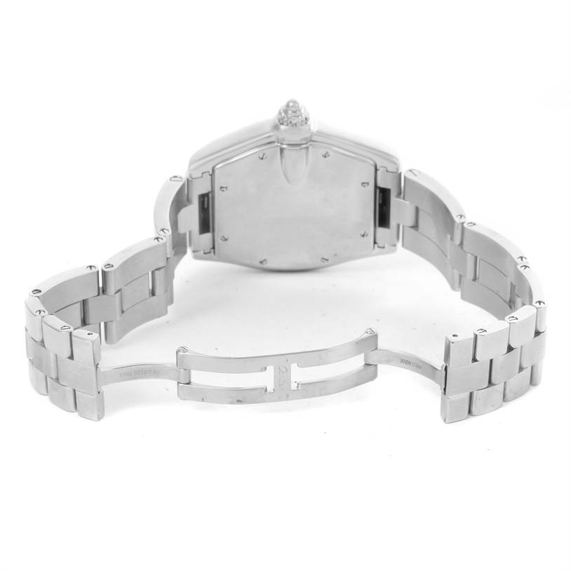 The image shows the back and partially open metal bracelet of the Cartier Roadster W62025V3 Men's Stainless Steel Silver Dial W62025V3 Men's Stainless Steel Silver Dial watch.