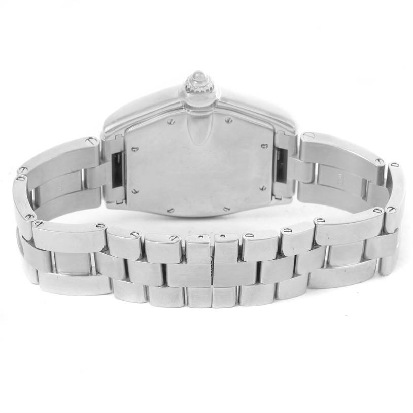 The image shows the back and bracelet of a Cartier Roadster W62025V3 Men's Stainless Steel Silver Dial W62025V3 Men's Stainless Steel Silver Dial watch, viewed from the rear.