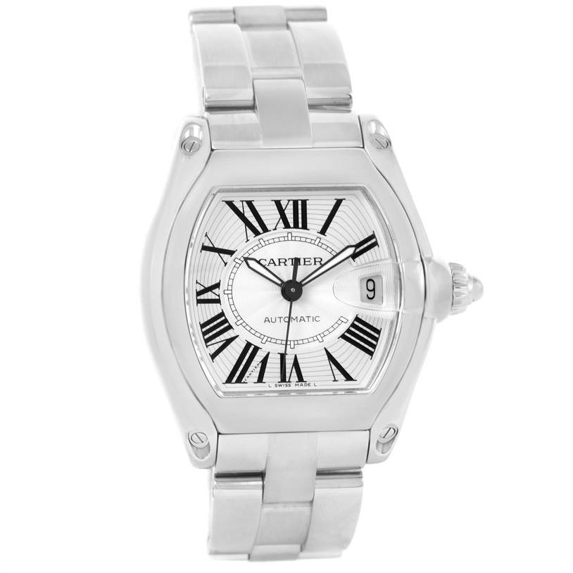 This image shows a front view of the Cartier Roadster W62025V3 Men's Stainless Steel Silver Dial W62025V3 Men's Stainless Steel Silver Dial model watch, displaying the dial, case, and part of the bracelet.