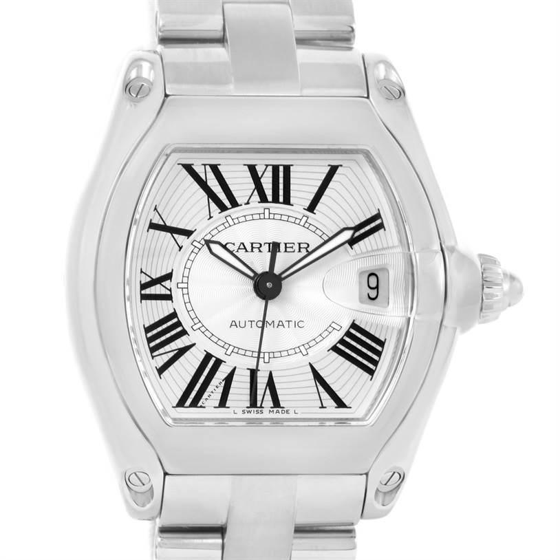 This image shows a front view of a Cartier Roadster W62025V3 Men's Stainless Steel Silver Dial W62025V3 Men's Stainless Steel Silver Dial watch, highlighting the dial, numerals, hands, date window, and part of the bracelet.