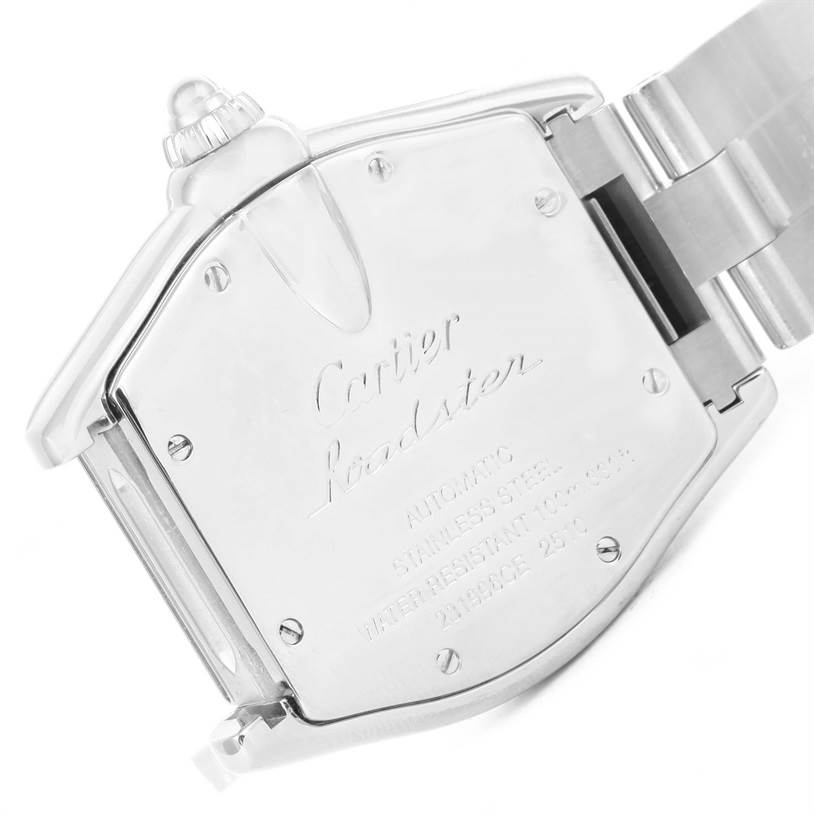 This image shows the back case and part of the bracelet of the Cartier Roadster W62025V3 Men's Stainless Steel Silver Dial W62025V3 Men's Stainless Steel Silver Dial watch, viewed at an angle emphasizing the engraved details.