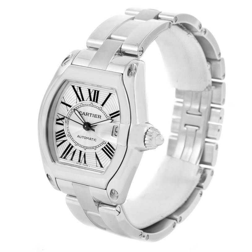 The image shows a Cartier Roadster W62025V3 Men's Stainless Steel Silver Dial W62025V3 Men's Stainless Steel Silver Dial watch at a slight angle, displaying its face, bezel, crown, and bracelet.
