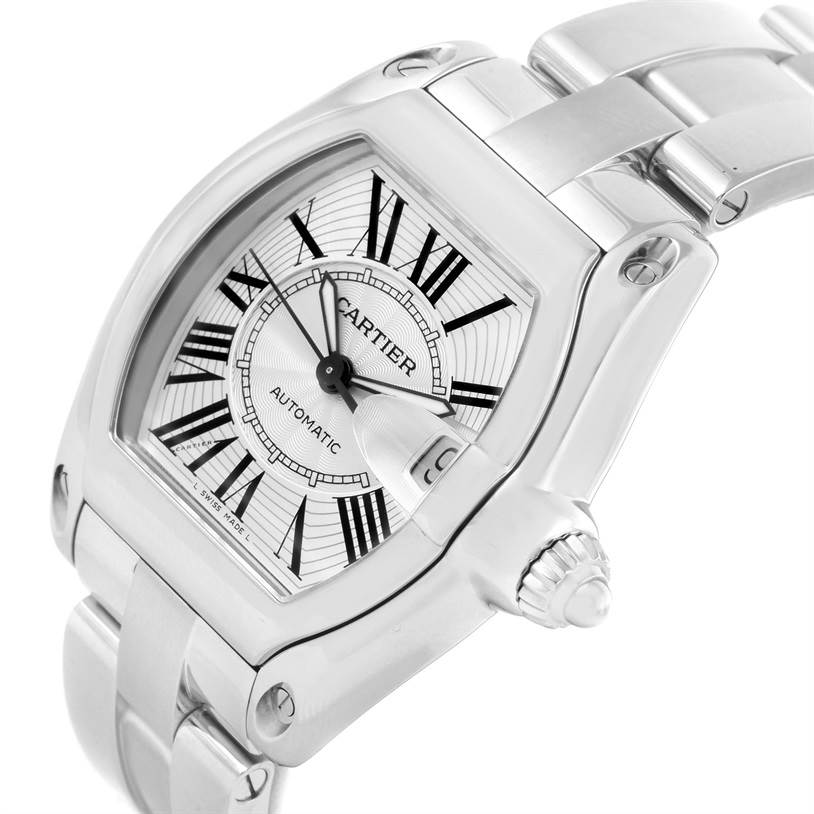 This image shows a close-up angle of a Cartier Roadster W62025V3 Men's Stainless Steel Silver Dial W62025V3 Men's Stainless Steel Silver Dial model watch, highlighting its dial, case, and part of the bracelet.