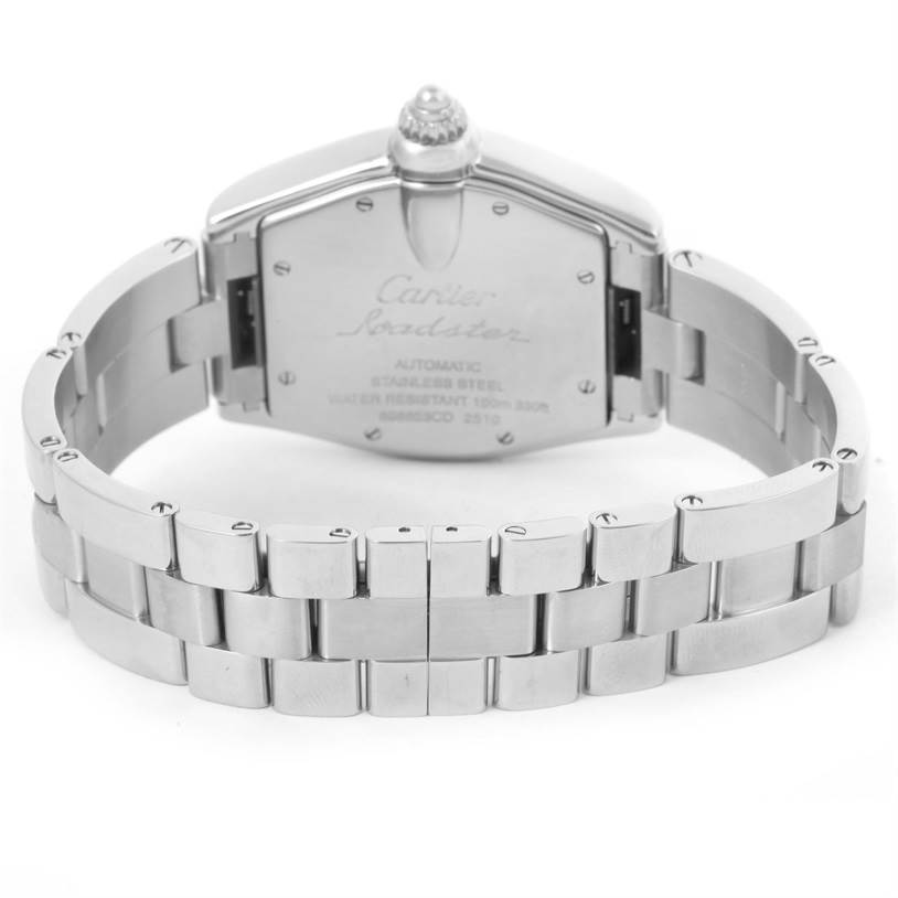 The image shows the back view of a Cartier Roadster W62025V3 Men's Stainless Steel Silver Dial W62025V3 Men's Stainless Steel Silver Dial watch, featuring its stainless steel bracelet and case back.