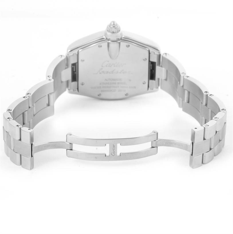 This image shows the back and open bracelet of the Cartier Roadster W62025V3 Men's Stainless Steel Silver Dial W62025V3 Men's Stainless Steel Silver Dial watch.