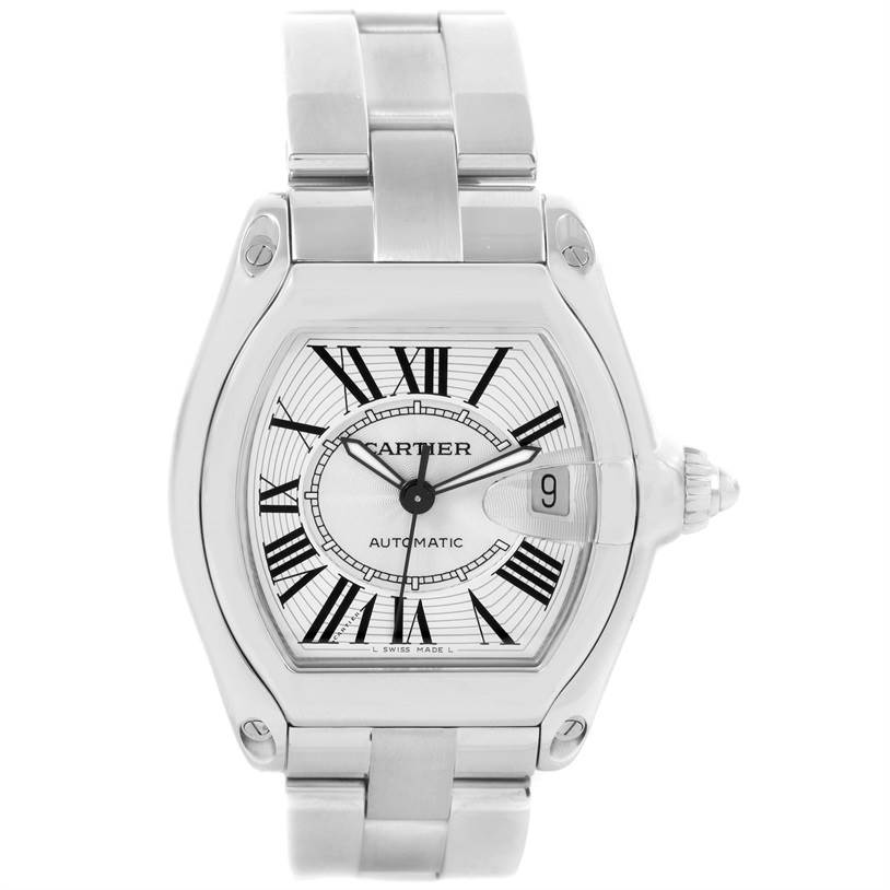 This image shows a front view of the Cartier Roadster W62025V3 Men's Stainless Steel Silver Dial W62025V3 Men's Stainless Steel Silver Dial watch, highlighting its dial, roman numerals, date window, and bracelet.