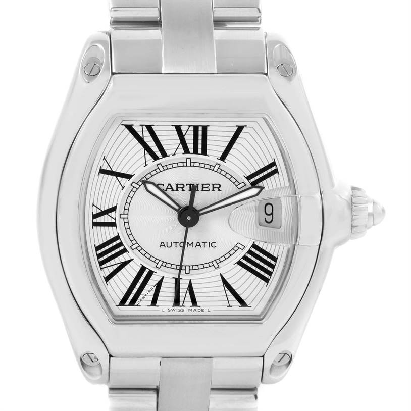 The image shows a frontal view of the Cartier Roadster W62025V3 Men's Stainless Steel Silver Dial W62025V3 Men's Stainless Steel Silver Dial watch, highlighting the dial, hands, date window, and part of the bracelet.