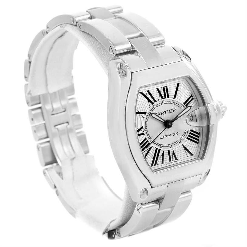 The image shows a Cartier Roadster W62025V3 Men's Stainless Steel Silver Dial W62025V3 Men's Stainless Steel Silver Dial watch angled to display the face, bezel, and bracelet.