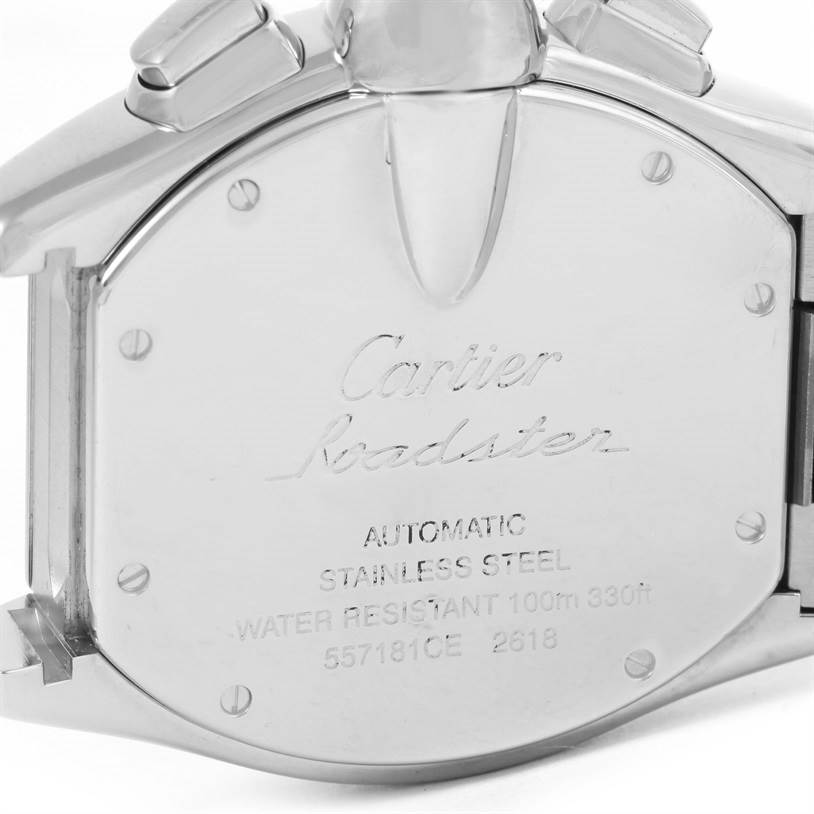 The image shows the back case of a Cartier Roadster W62007X6 Men's Stainless Steel Black Dial W62007X6 Men's Stainless Steel Black Dial watch at an angled view.