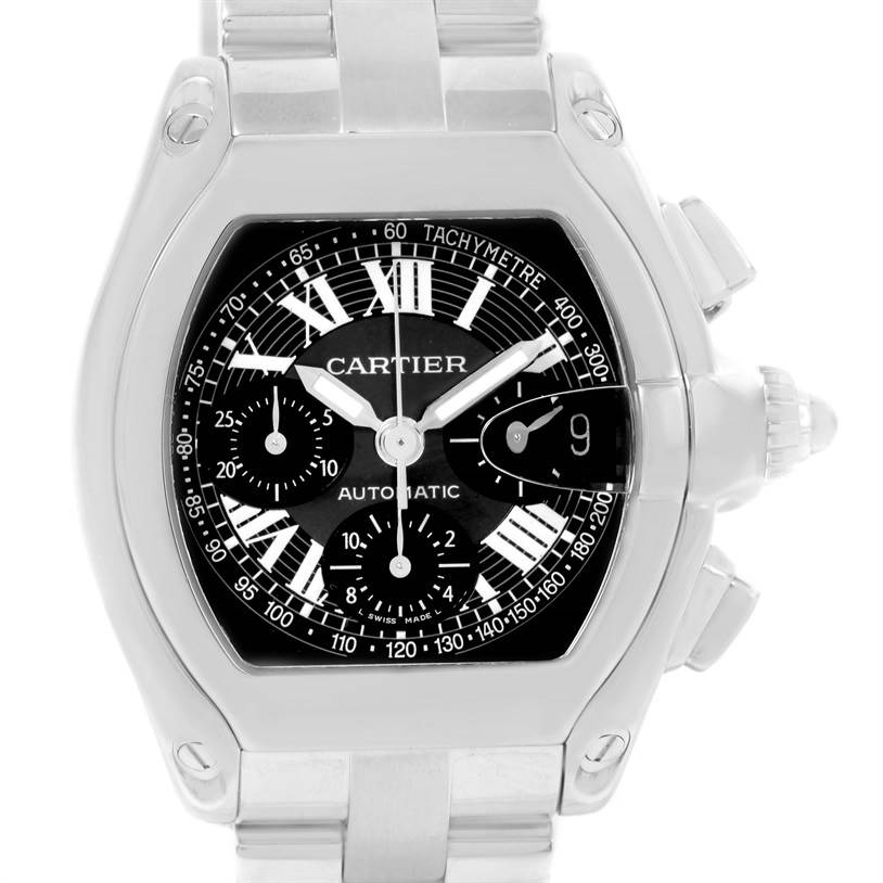 The image shows a front view of the Cartier Roadster W62007X6 Men's Stainless Steel Black Dial W62007X6 Men's Stainless Steel Black Dial watch, showcasing its dial, hands, sub-dials, and bracelet.