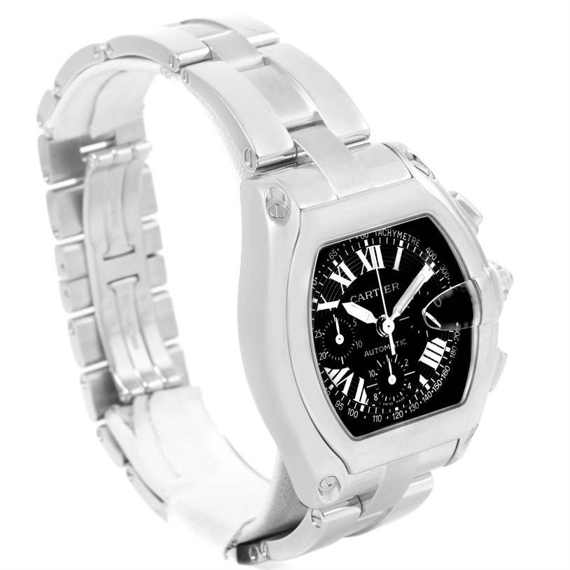 The image shows a Cartier Roadster W62007X6 Men's Stainless Steel Black Dial W62007X6 Men's Stainless Steel Black Dial watch from a side angle, highlighting its bracelet, case, and black dial with Roman numerals.