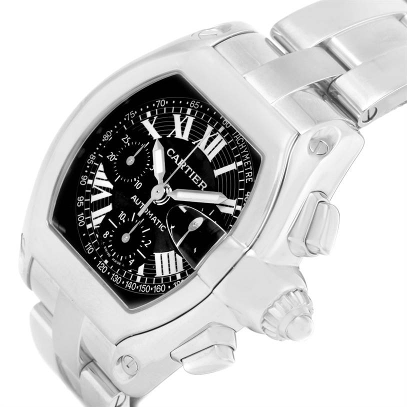 This is a Cartier Roadster W62007X6 Men's Stainless Steel Black Dial W62007X6 Men's Stainless Steel Black Dial watch shown from an angled side view, highlighting its dial, case, crown, and part of the bracelet.