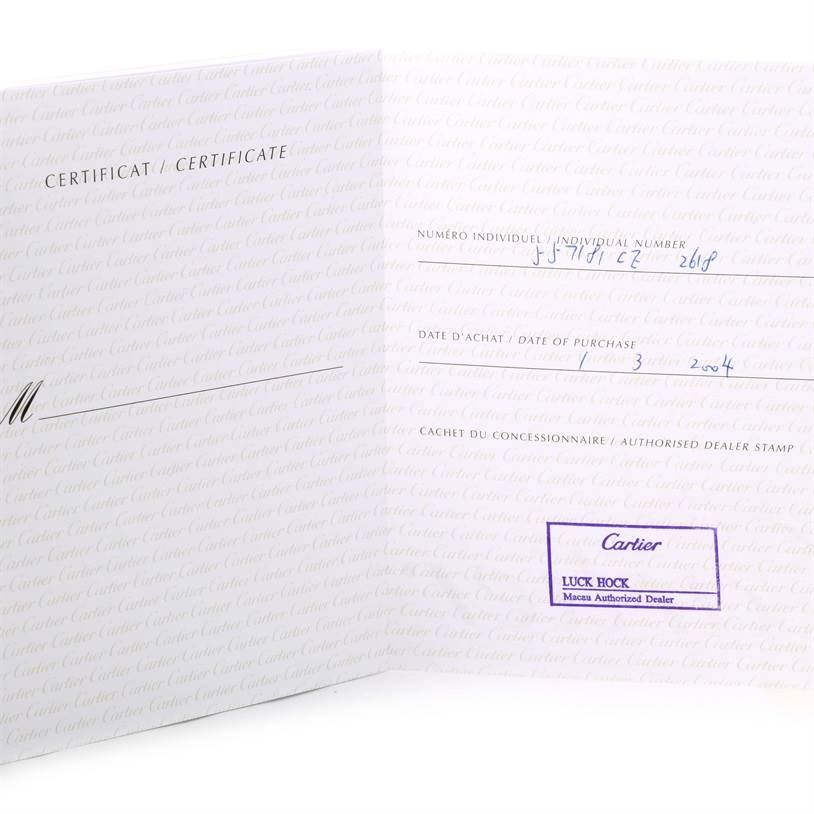 This image shows an open certificate for a Roadster model by Cartier, detailing the purchase date and individual number.