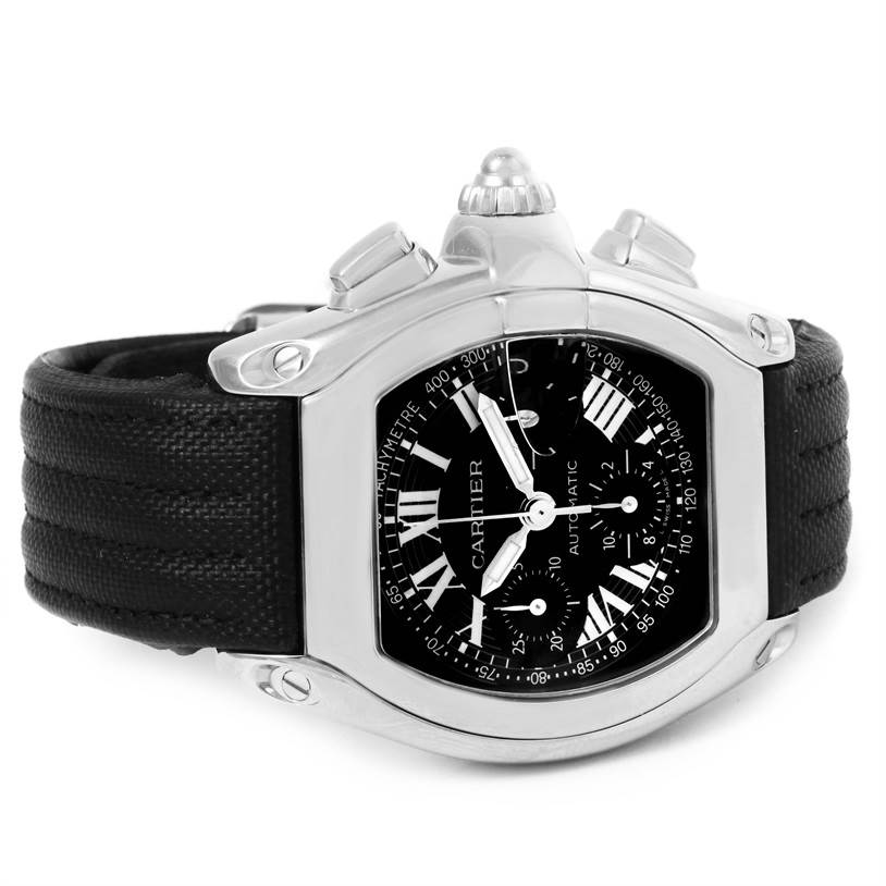 The Cartier Roadster W62007X6 Men's Stainless Steel Black Dial W62007X6 Men's Stainless Steel Black Dial watch is shown at a slight angle, featuring the case, crown, dial, and black strap.