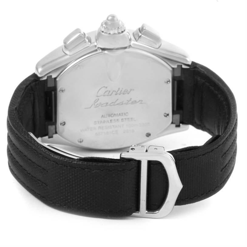 This image shows the back view of a Cartier Roadster W62007X6 Men's Stainless Steel Black Dial W62007X6 Men's Stainless Steel Black Dial watch, focusing on the case back and black strap with clasp.