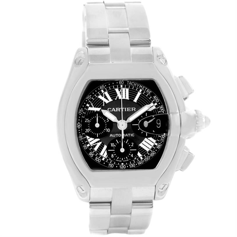 The Cartier Roadster W62007X6 Men's Stainless Steel Black Dial W62007X6 Men's Stainless Steel Black Dial watch is shown from the front angle, displaying its face, bezel, and bracelet.