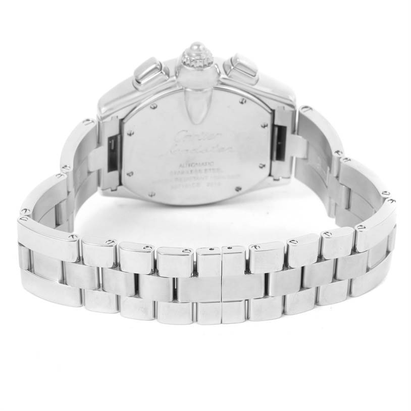 This image shows the back view of the Cartier Roadster W62007X6 Men's Stainless Steel Black Dial W62007X6 Men's Stainless Steel Black Dial watch, highlighting its stainless steel bracelet and case back.