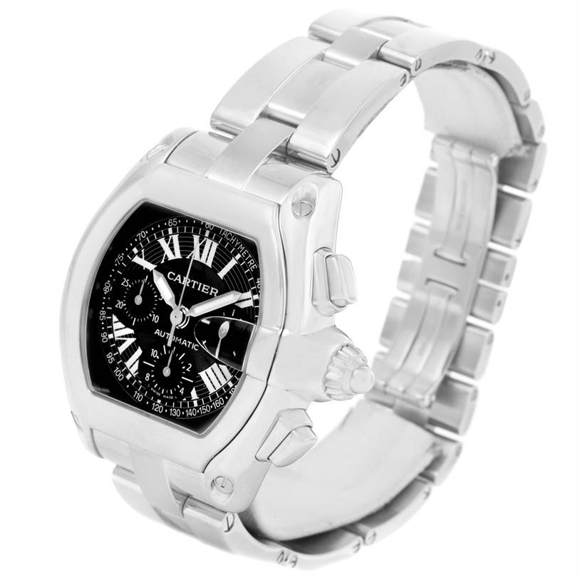 The Cartier Roadster W62007X6 Men's Stainless Steel Black Dial W62007X6 Men's Stainless Steel Black Dial watch is shown at a three-quarter angle, displaying its stainless steel case, bracelet, and black dial with Roman numerals.