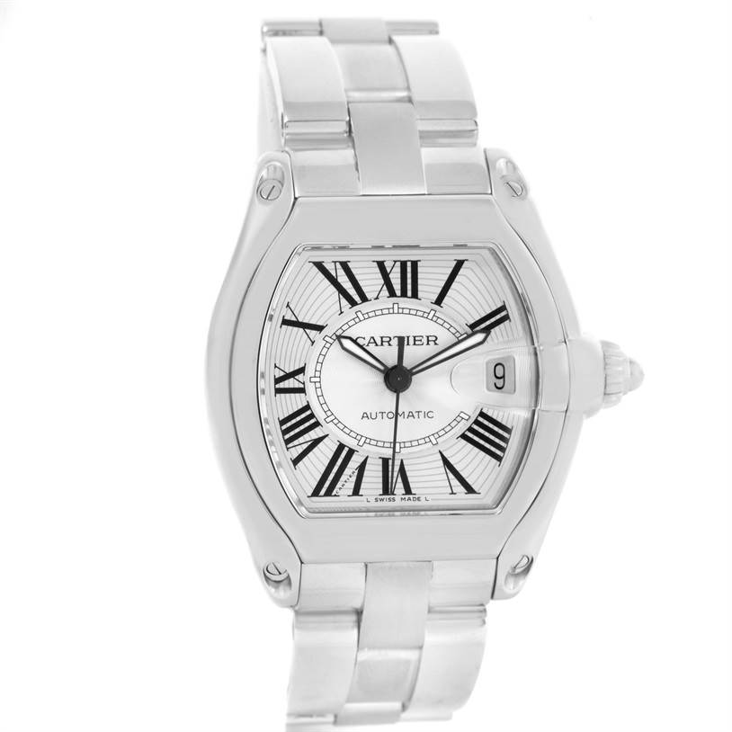 The image shows a front view of the Cartier Roadster W62025V3 Men
s Stainless Steel Silver Dial W62025V3 Men
s Stainless Steel Silver Dial watch, highlighting the face, bezel, crown, and part of the bracelet.