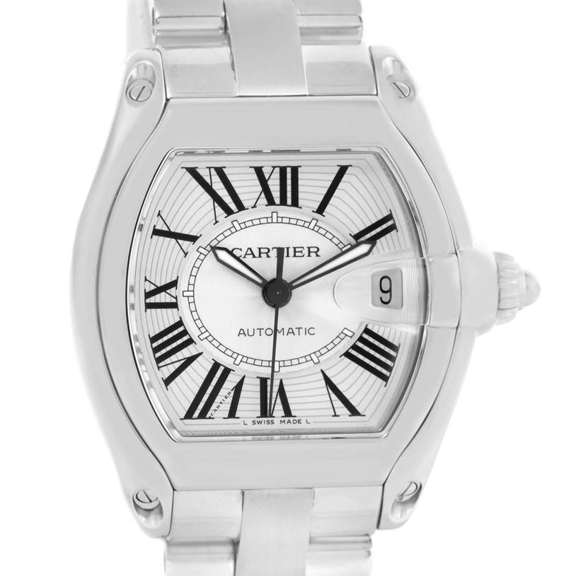 This image shows a Cartier Roadster W62025V3 Men
s Stainless Steel Silver Dial W62025V3 Men
s Stainless Steel Silver Dial watch front-on, featuring its dial, case, bracelet, and crown.