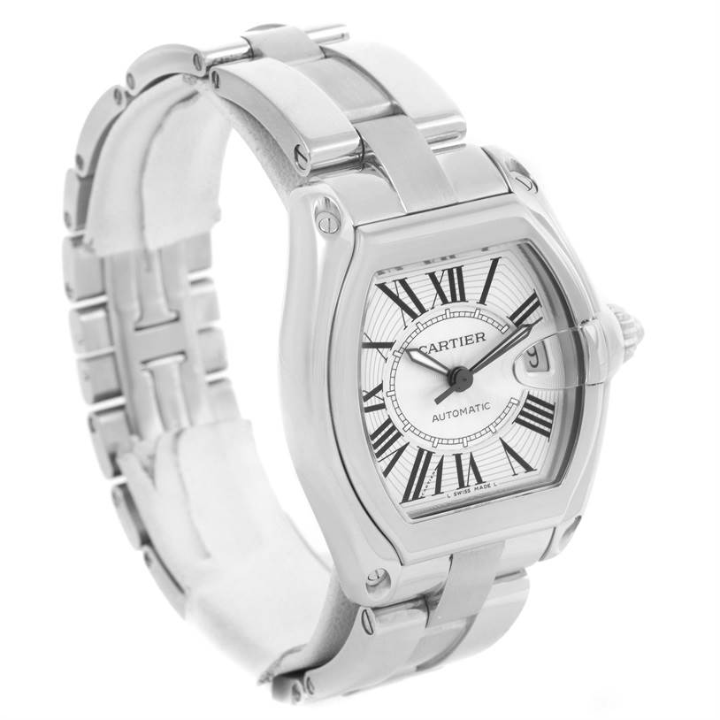 This image shows a Roadster model by Cartier at a three-quarter angle, highlighting the dial, case, and bracelet.