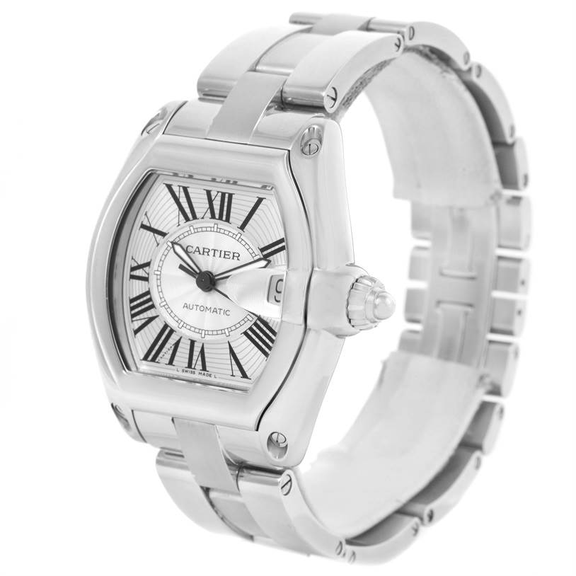This image shows a Cartier Roadster W62025V3 Men
s Stainless Steel Silver Dial W62025V3 Men
s Stainless Steel Silver Dial watch in a three-quarter view, highlighting its face, bezel, crown, and metal bracelet.