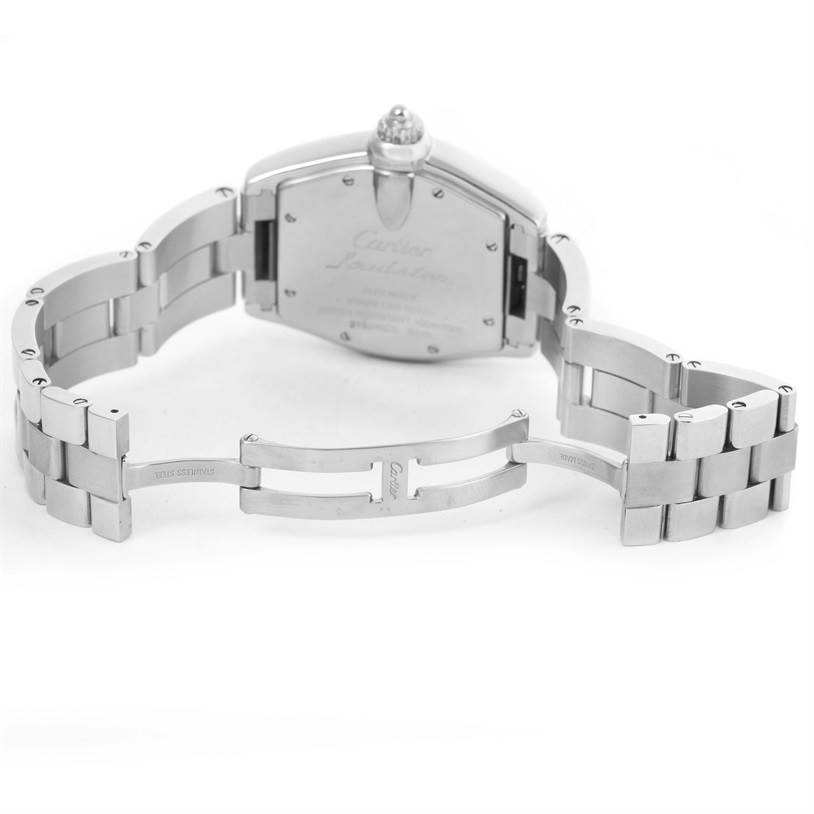 The image shows the back case and partially open stainless steel bracelet of a Cartier Roadster W62025V3 Men
s Stainless Steel Silver Dial W62025V3 Men
s Stainless Steel Silver Dial watch.