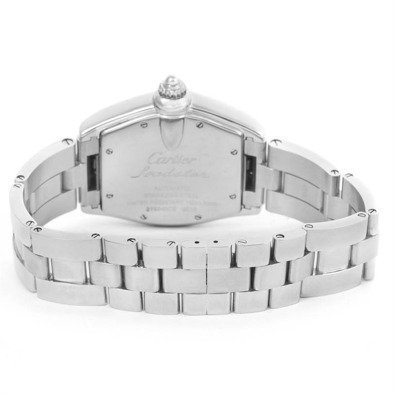 The image shows the back and part of the bracelet of a Cartier Roadster W62025V3 Men
s Stainless Steel Silver Dial W62025V3 Men
s Stainless Steel Silver Dial watch.