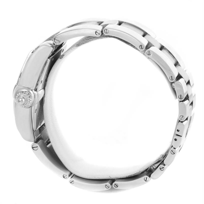 This image shows a side view of the Cartier Roadster W62025V3 Men
s Stainless Steel Silver Dial W62025V3 Men
s Stainless Steel Silver Dial watch, highlighting the bracelet and crown.