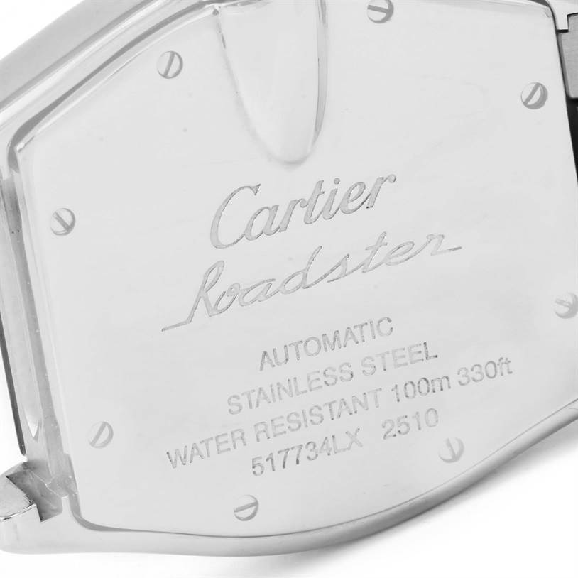 The image shows the case back of the Cartier Roadster W62025V3 Men
s Stainless Steel Silver Dial W62025V3 Men
s Stainless Steel Silver Dial watch, highlighting its engravings and screw details.