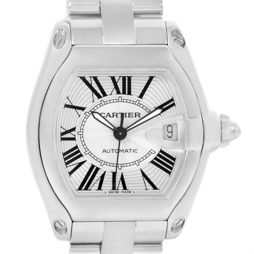 This image shows a front view of the Cartier Roadster W62025V3 Men
s Stainless Steel Silver Dial W62025V3 Men
s Stainless Steel Silver Dial watch, detailing its face, case, and part of the bracelet.