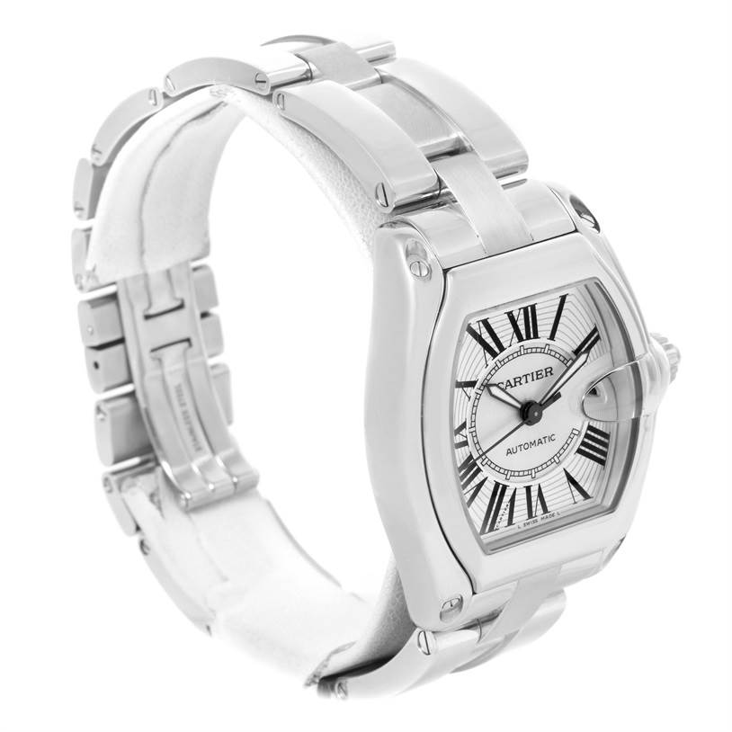 The image shows a Cartier Roadster W62025V3 Men
s Stainless Steel Silver Dial W62025V3 Men
s Stainless Steel Silver Dial watch displayed at an angled side view, highlighting its bracelet, case, and dial.