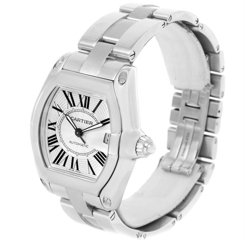 This image shows a side angle of a Cartier Roadster W62025V3 Men
s Stainless Steel Silver Dial W62025V3 Men
s Stainless Steel Silver Dial watch, highlighting its silver bracelet and Roman numeral dial face.