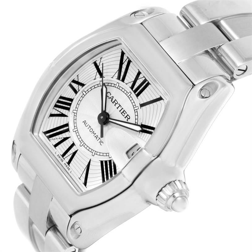This image shows a close-up, angled view of the Cartier Roadster W62025V3 Men
s Stainless Steel Silver Dial W62025V3 Men
s Stainless Steel Silver Dial watch, highlighting its dial, case, crown, and part of the bracelet.