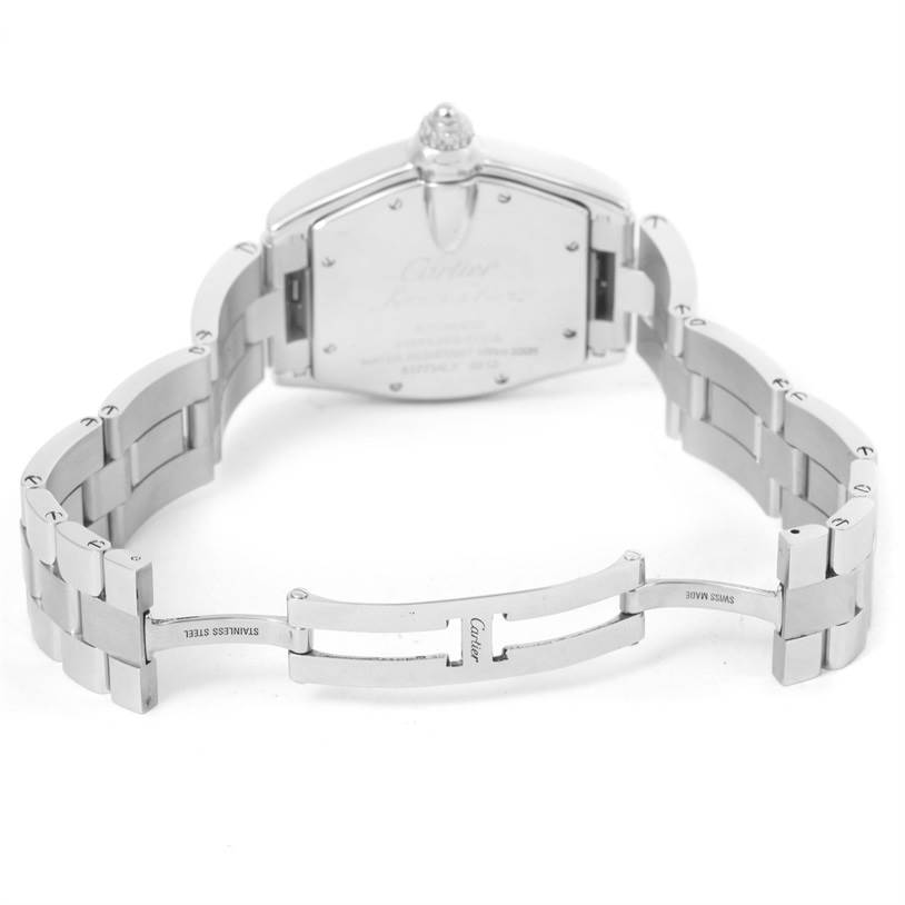 This image shows the back side and clasp of a Cartier Roadster W62025V3 Men
s Stainless Steel Silver Dial W62025V3 Men
s Stainless Steel Silver Dial watch.