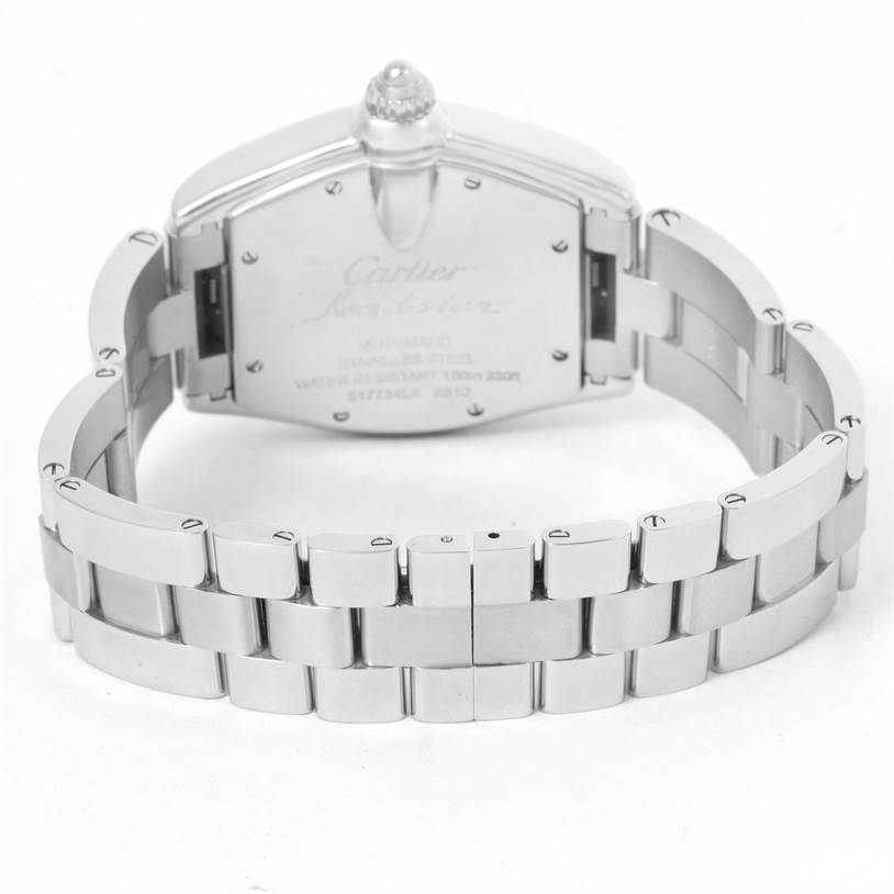 The image shows the back view of a Cartier Roadster W62025V3 Men
s Stainless Steel Silver Dial W62025V3 Men
s Stainless Steel Silver Dial watch, highlighting the stainless steel case and bracelet.