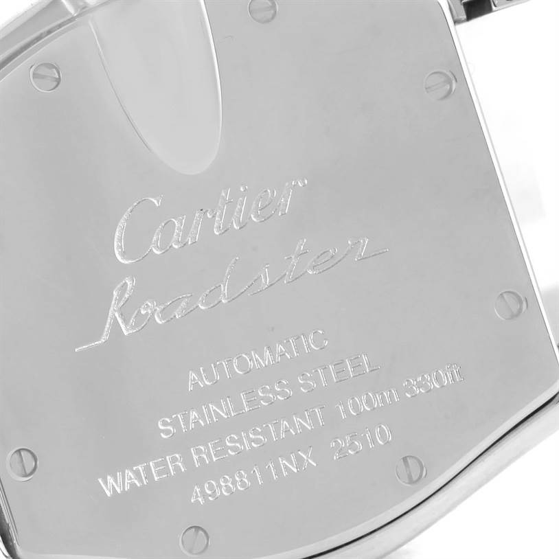 The image shows the back case of a Cartier Roadster W62025V3 Men's Stainless Steel Silver Dial W62025V3 Men's Stainless Steel Silver Dial watch, displaying its engravings and specifications.