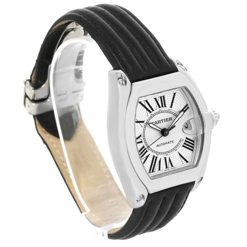 The image shows a Cartier Roadster W62025V3 Men's Stainless Steel Silver Dial W62025V3 Men's Stainless Steel Silver Dial watch at a side angle, highlighting its face, case, and black leather strap.