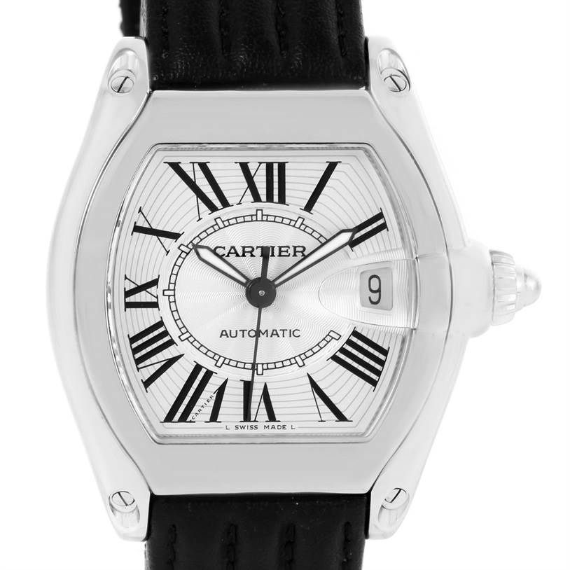 This image shows a frontal view of the Cartier Roadster W62025V3 Men's Stainless Steel Silver Dial W62025V3 Men's Stainless Steel Silver Dial watch, highlighting the dial, hands, case, and crown.